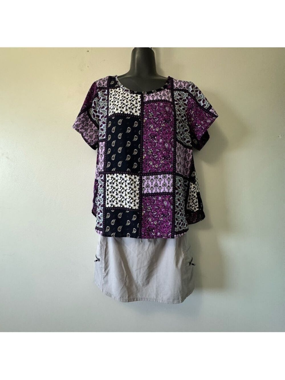Christopher & Banks Purple and Black Boxy Short Sleeve Blouse